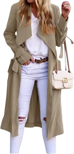 CHARTOU Women Long Trench Coat Lapel Collar Belted Tie Jackets Open Front Cardigan Long Sleeve Casual Overcoat With Pockets