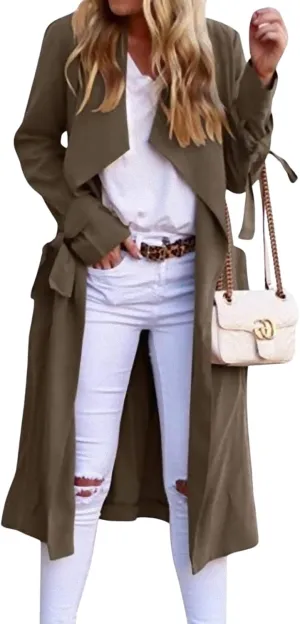 CHARTOU Women Long Trench Coat Lapel Collar Belted Tie Jackets Open Front Cardigan Long Sleeve Casual Overcoat With Pockets