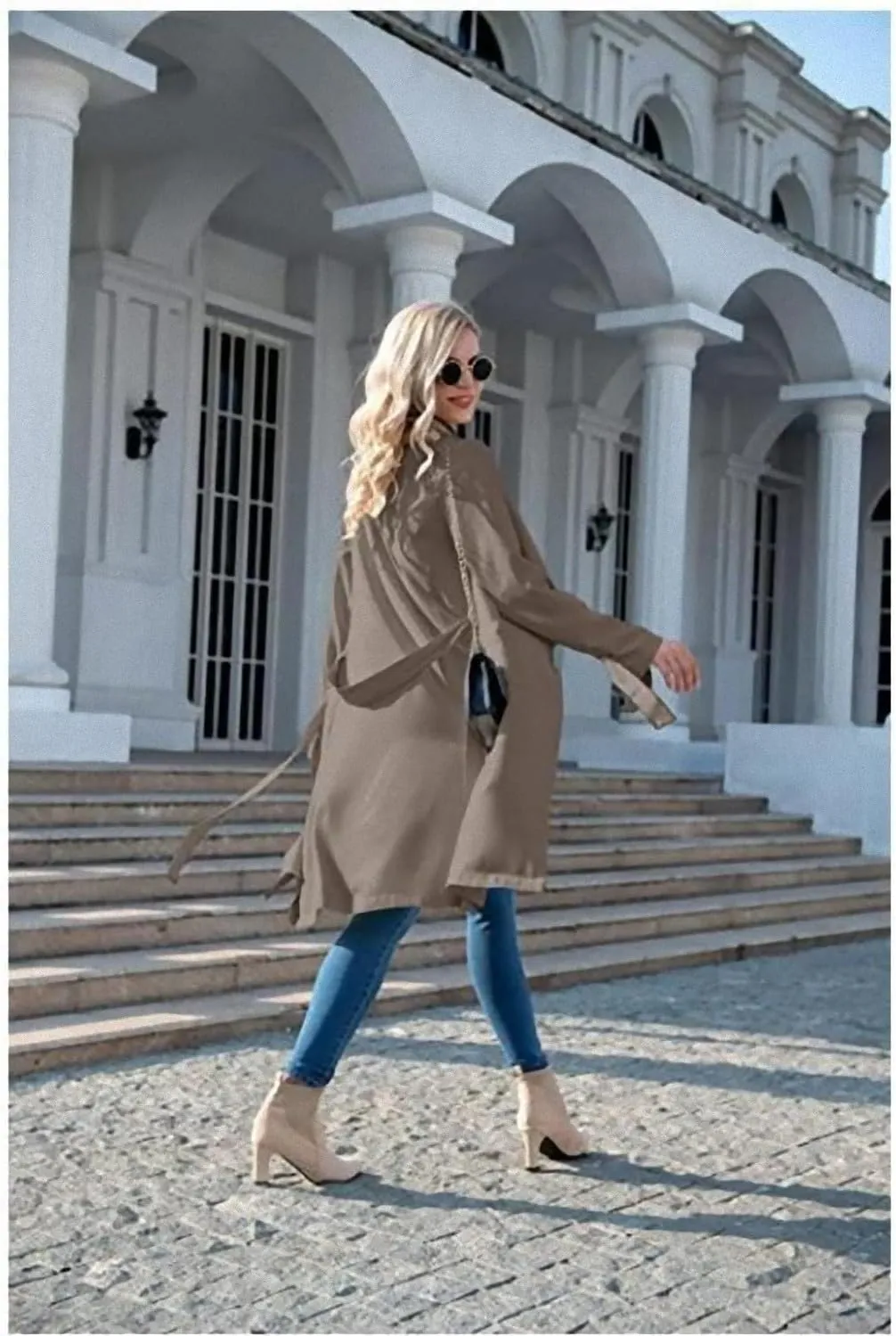 CHARTOU Women Long Trench Coat Lapel Collar Belted Tie Jackets Open Front Cardigan Long Sleeve Casual Overcoat With Pockets