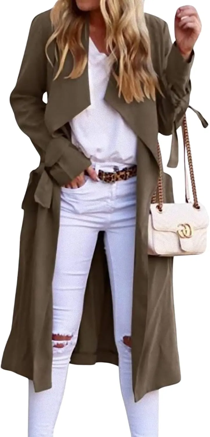 CHARTOU Women Long Trench Coat Lapel Collar Belted Tie Jackets Open Front Cardigan Long Sleeve Casual Overcoat With Pockets