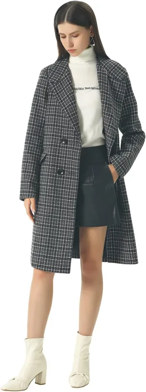 CHARTOU Women's Winter Oversize Lapel Collar Woolen Plaid Double Breasted Long Peacoat Jacket