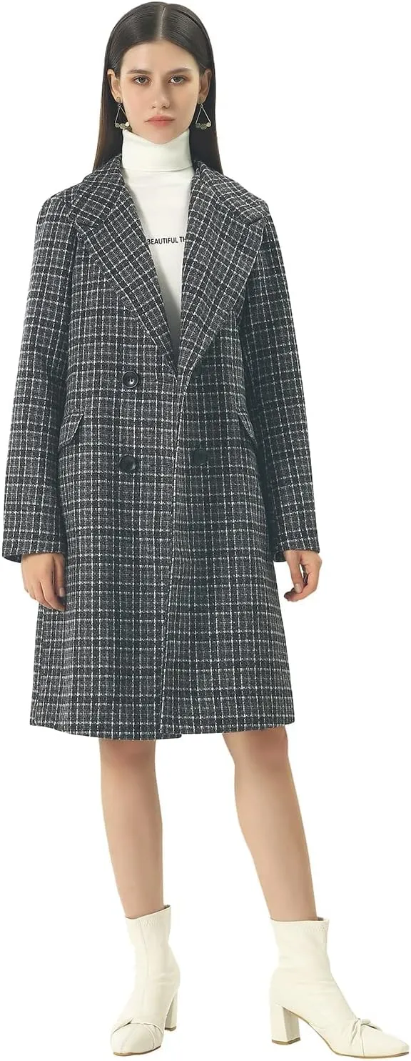 CHARTOU Women's Winter Oversize Lapel Collar Woolen Plaid Double Breasted Long Peacoat Jacket
