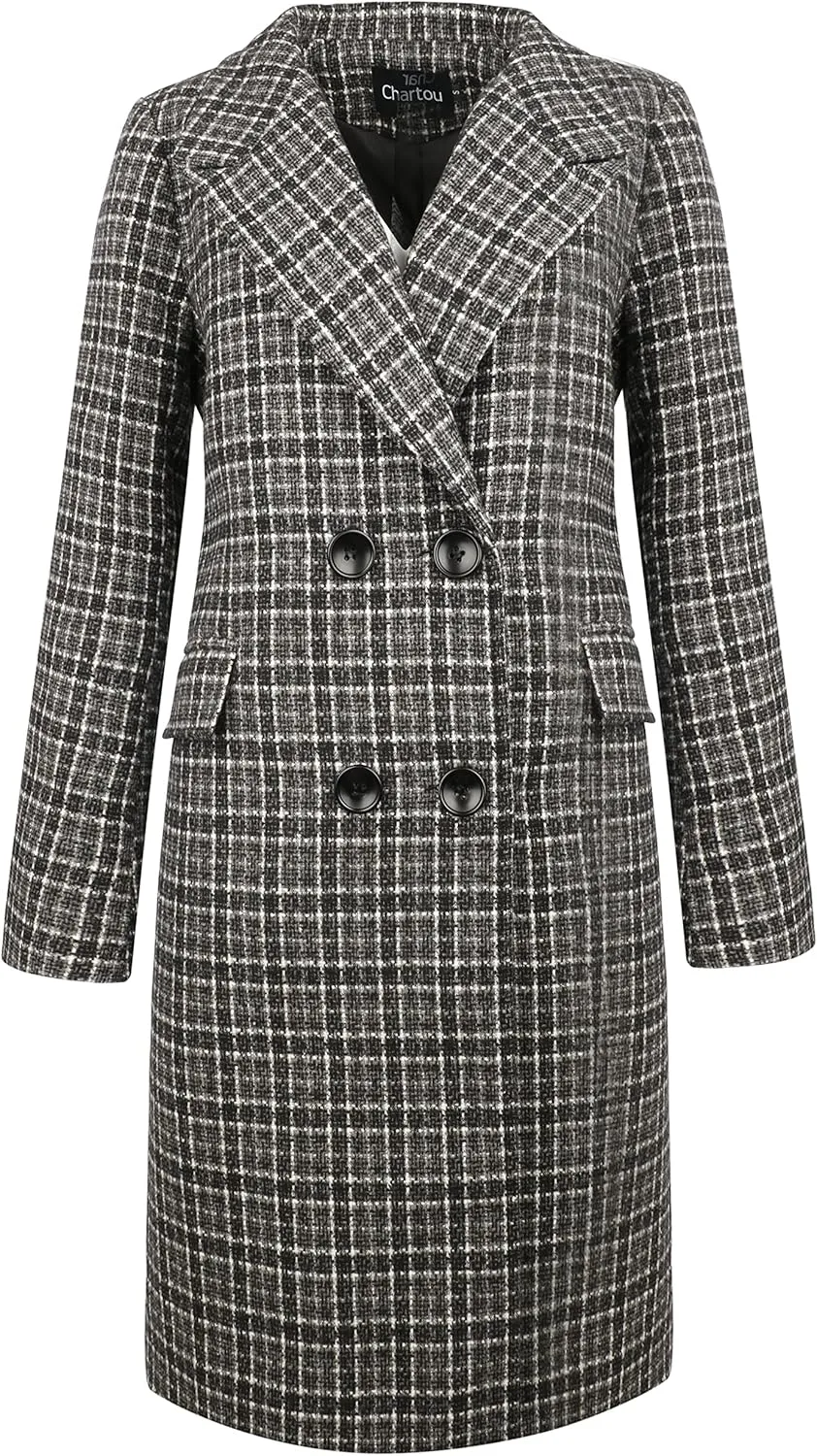 CHARTOU Women's Winter Oversize Lapel Collar Woolen Plaid Double Breasted Long Peacoat Jacket