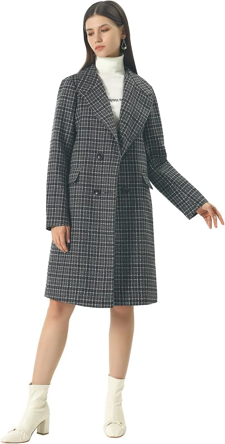 CHARTOU Women's Winter Oversize Lapel Collar Woolen Plaid Double Breasted Long Peacoat Jacket