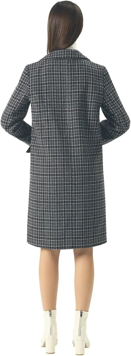 CHARTOU Women's Winter Oversize Lapel Collar Woolen Plaid Double Breasted Long Peacoat Jacket