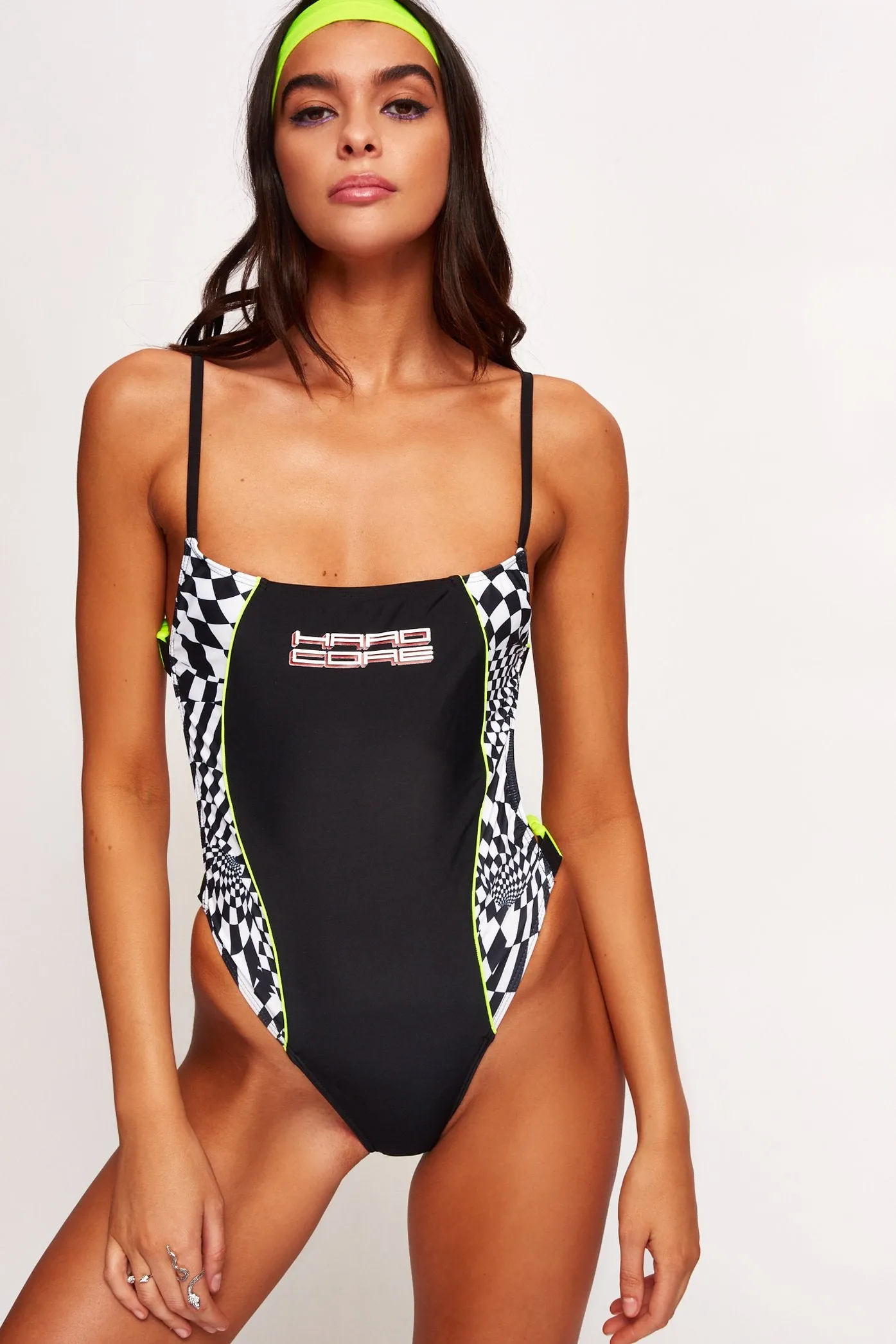 Checkerboard Square Neck Swimsuit With Side Buckle Detail