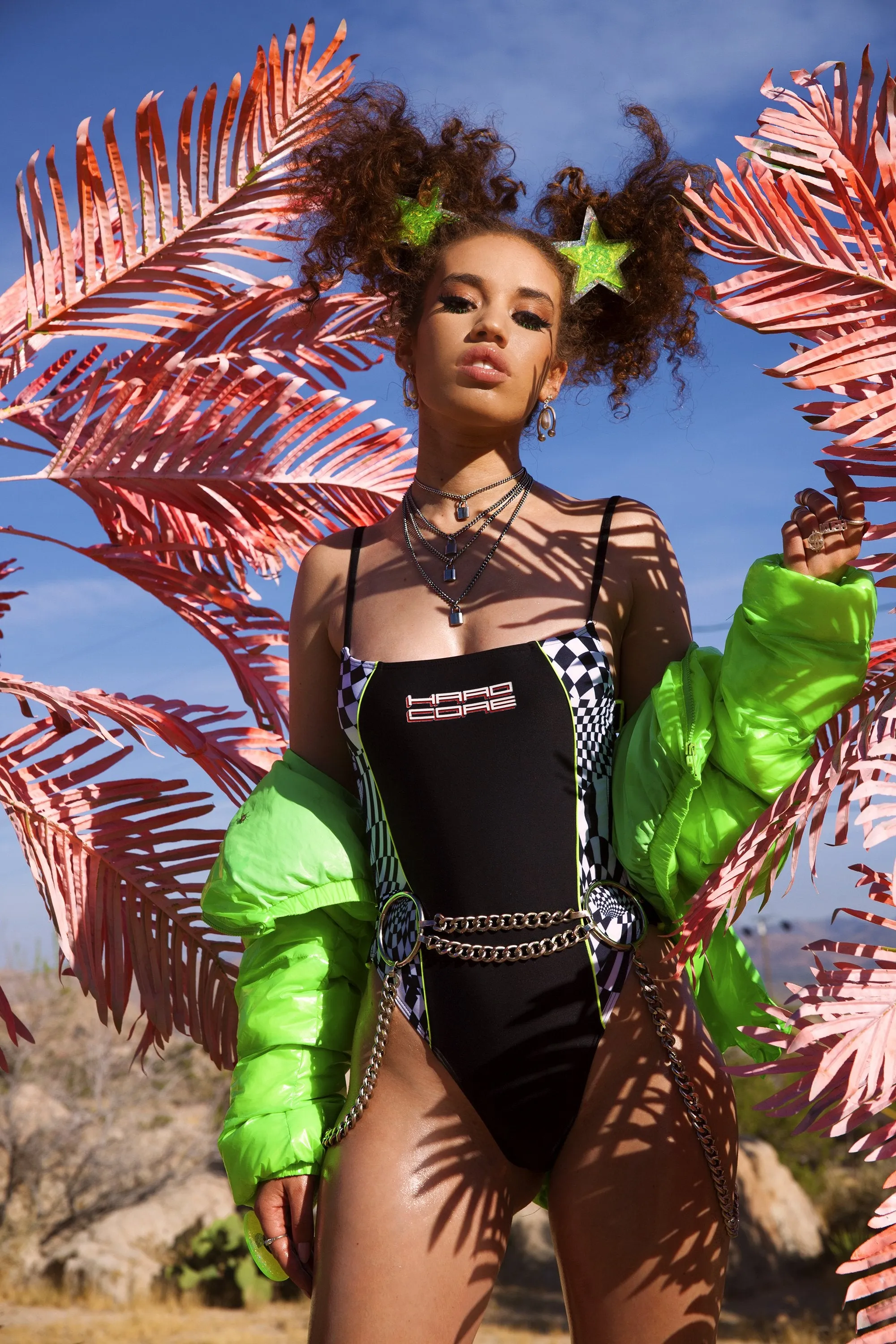 Checkerboard Square Neck Swimsuit With Side Buckle Detail
