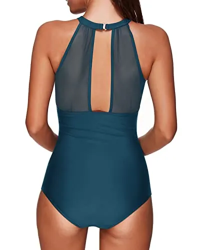 Chic Tummy Control High Neck Mesh One Piece Swimsuit For Women-Teal