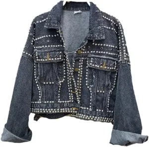 CHONG FENG XIA Women Punk Style Rivet Denim Jacket Womens Jeans Jackets And Coats Streetwear Short Batwing Jacket