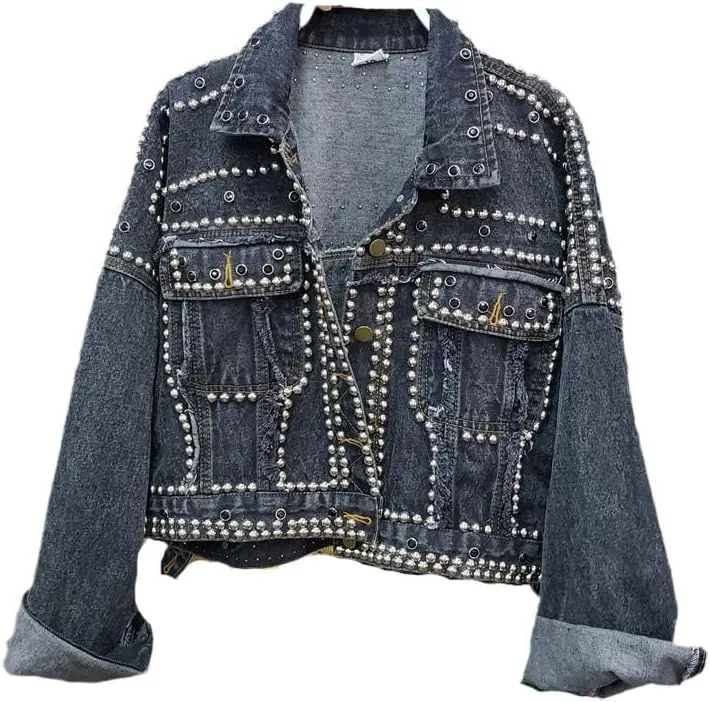 CHONG FENG XIA Women Punk Style Rivet Denim Jacket Womens Jeans Jackets And Coats Streetwear Short Batwing Jacket