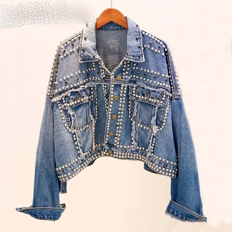 CHONG FENG XIA Women Punk Style Rivet Denim Jacket Womens Jeans Jackets And Coats Streetwear Short Batwing Jacket