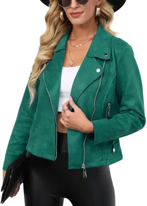chouyatou Women's Classic Notched Lapel Asymmetric Zip Motorcycle Faux Suede Leather Jacket