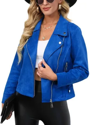 chouyatou Women's Classic Notched Lapel Asymmetric Zip Motorcycle Faux Suede Leather Jacket