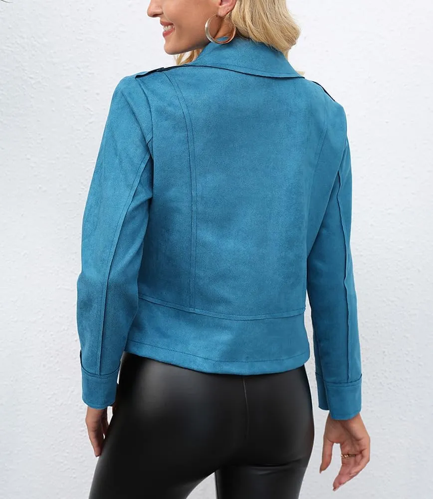 chouyatou Women's Classic Notched Lapel Asymmetric Zip Motorcycle Faux Suede Leather Jacket