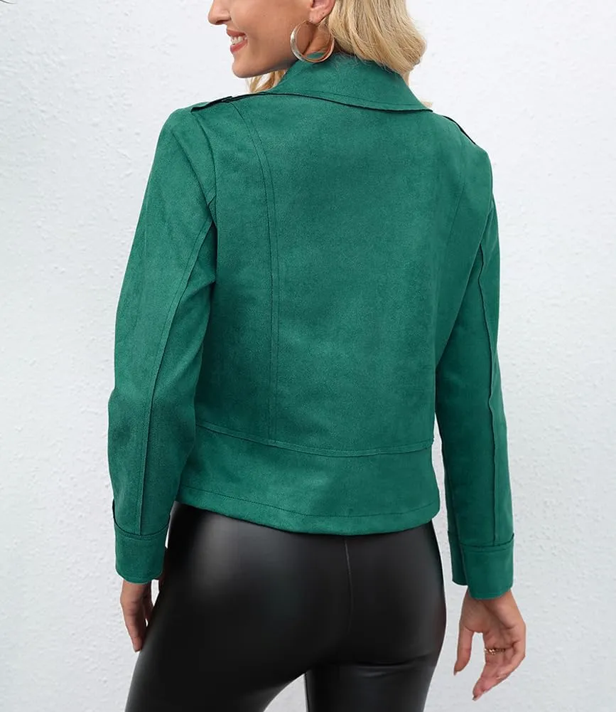 chouyatou Women's Classic Notched Lapel Asymmetric Zip Motorcycle Faux Suede Leather Jacket