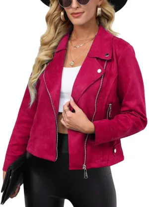 chouyatou Women's Classic Notched Lapel Asymmetric Zip Motorcycle Faux Suede Leather Jacket