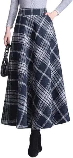 chouyatou Women's Elastic Waist Plaid Wool Blend Skirt Checkered Pattern A Line Pleated Wool Long Skirt with Pockets