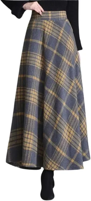chouyatou Women's Elastic Waist Plaid Wool Blend Skirt Checkered Pattern A Line Pleated Wool Long Skirt with Pockets
