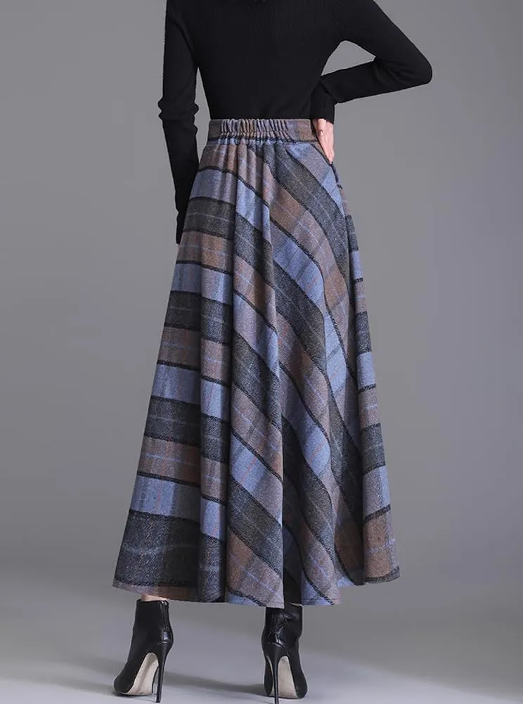 chouyatou Women's Elastic Waist Plaid Wool Blend Skirt Checkered Pattern A Line Pleated Wool Long Skirt with Pockets