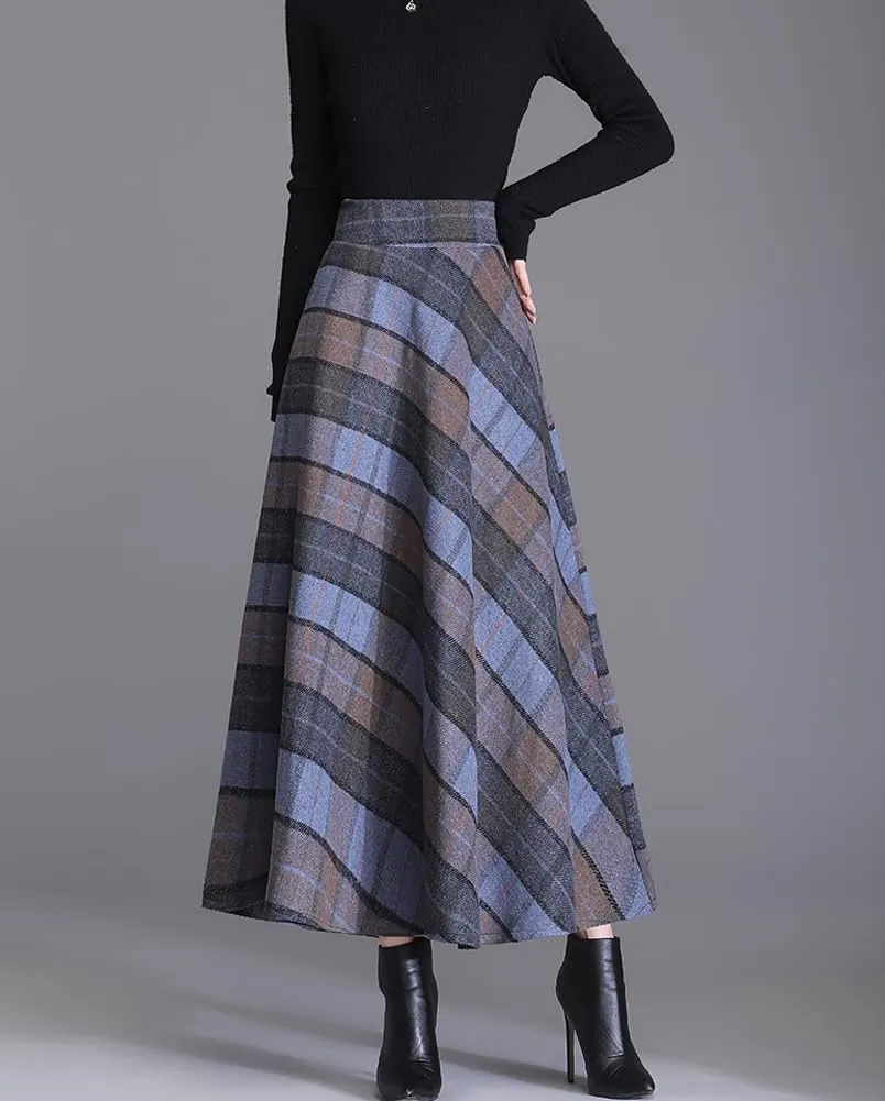 chouyatou Women's Elastic Waist Plaid Wool Blend Skirt Checkered Pattern A Line Pleated Wool Long Skirt with Pockets