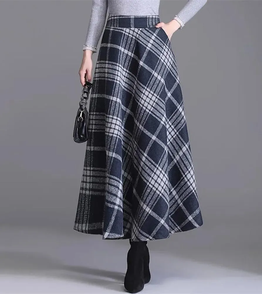 chouyatou Women's Elastic Waist Plaid Wool Blend Skirt Checkered Pattern A Line Pleated Wool Long Skirt with Pockets