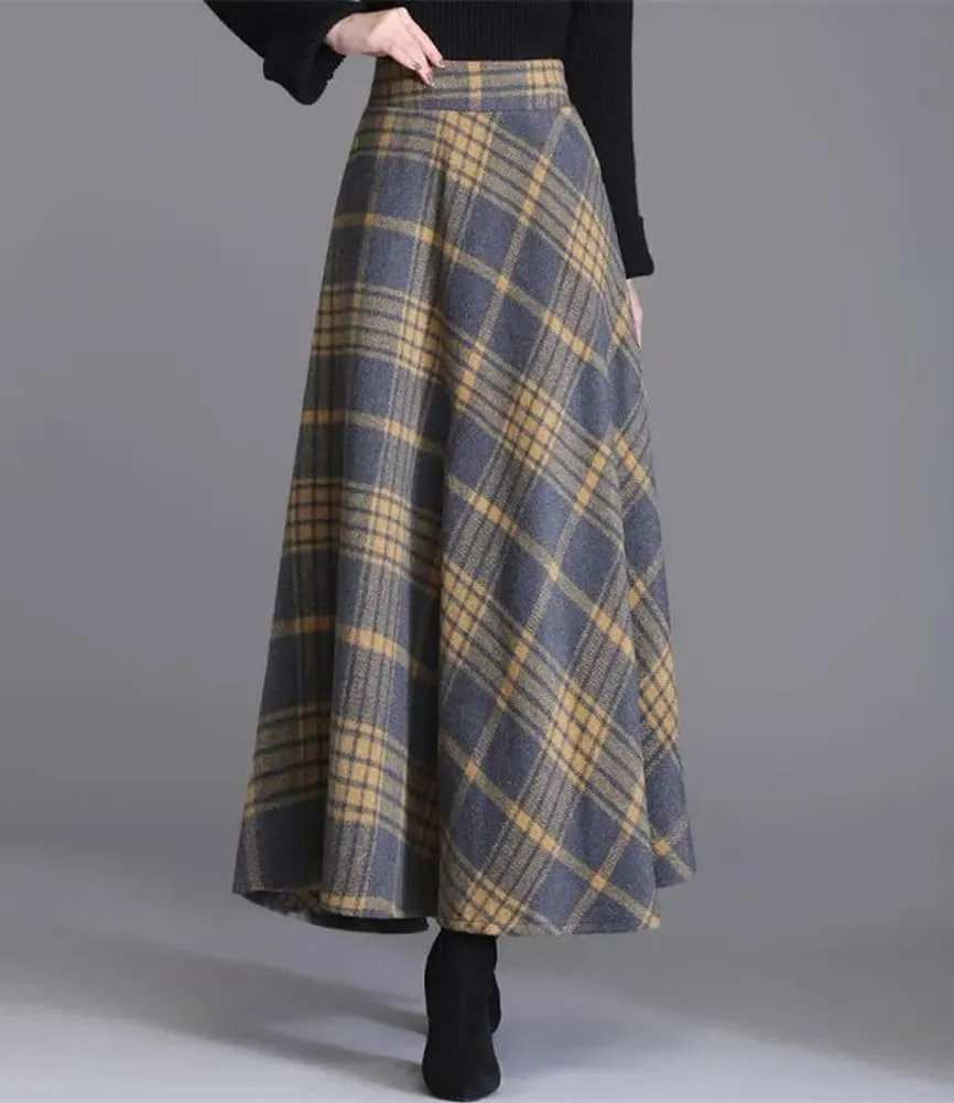 chouyatou Women's Elastic Waist Plaid Wool Blend Skirt Checkered Pattern A Line Pleated Wool Long Skirt with Pockets