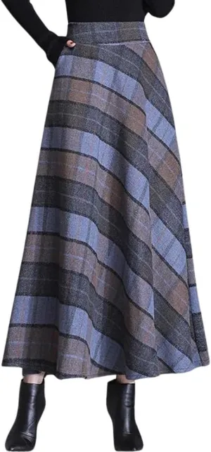 chouyatou Women's Elastic Waist Plaid Wool Blend Skirt Checkered Pattern A Line Pleated Wool Long Skirt with Pockets