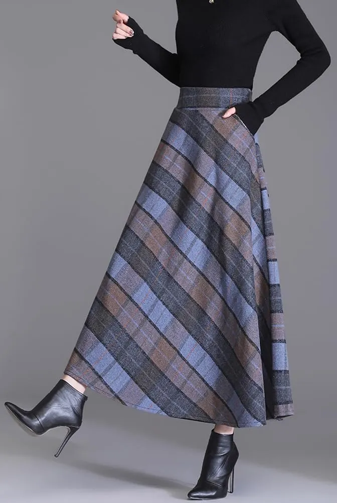 chouyatou Women's Elastic Waist Plaid Wool Blend Skirt Checkered Pattern A Line Pleated Wool Long Skirt with Pockets
