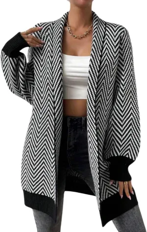 chouyatou Women's Elegant Shawl Collar Herringbone Striped Cardigan Open Front Color Block Cardigan Sweaters