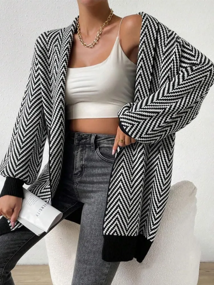 chouyatou Women's Elegant Shawl Collar Herringbone Striped Cardigan Open Front Color Block Cardigan Sweaters