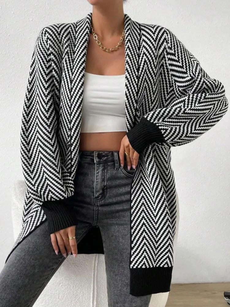 chouyatou Women's Elegant Shawl Collar Herringbone Striped Cardigan Open Front Color Block Cardigan Sweaters