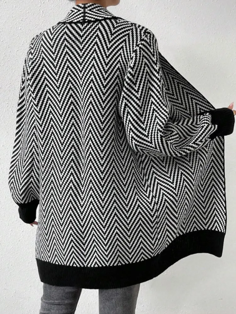 chouyatou Women's Elegant Shawl Collar Herringbone Striped Cardigan Open Front Color Block Cardigan Sweaters