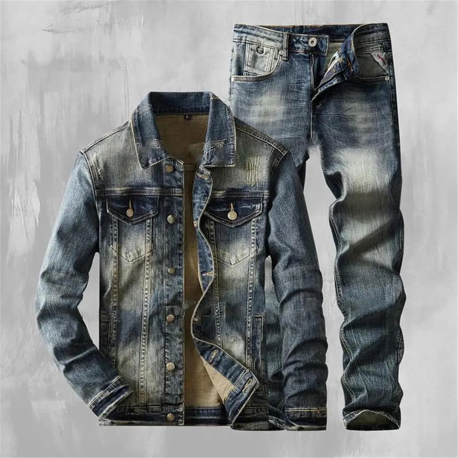 Classic Men's Jeans Suit Retro Blue Denim Jacket and Pants 2-Piece Set