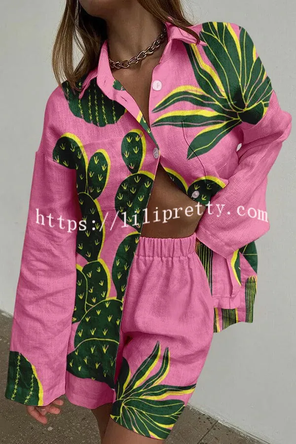 Contrast Cactus Print Buttoned Elastic Waist Shorts Set