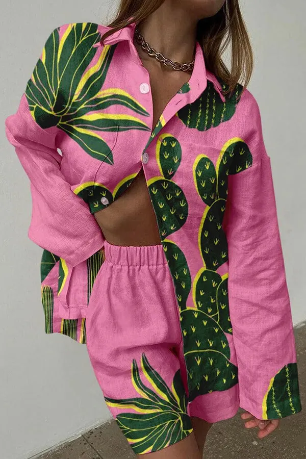 Contrast Cactus Print Buttoned Elastic Waist Shorts Set