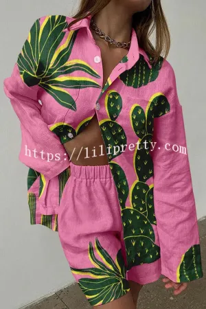 Contrast Cactus Print Buttoned Elastic Waist Shorts Set