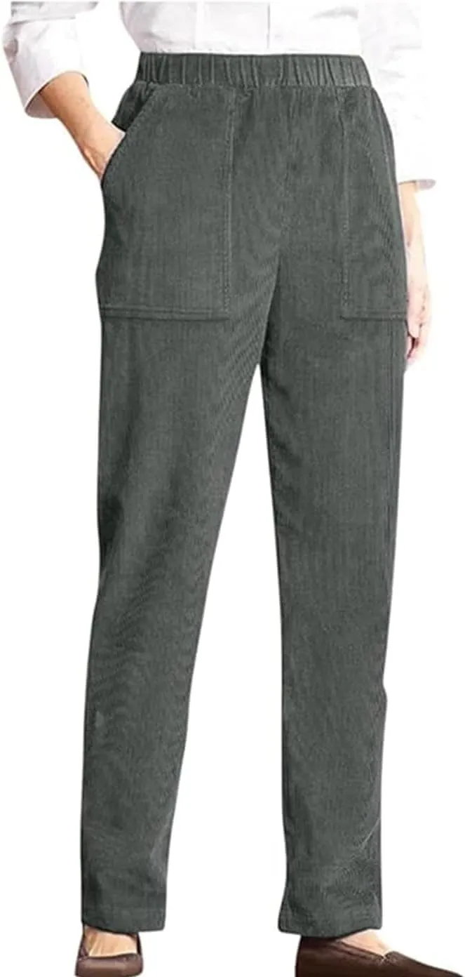 Corduroy Pants for Women Elastic High Waist Pull On Straight Leg Slacks Casual Fall Trousers with Pockets