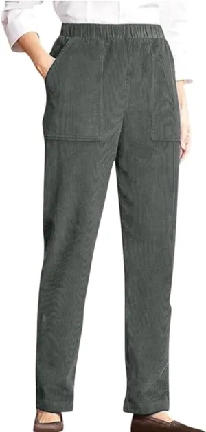 Corduroy Pants for Women Elastic High Waist Pull On Straight Leg Slacks Casual Fall Trousers with Pockets