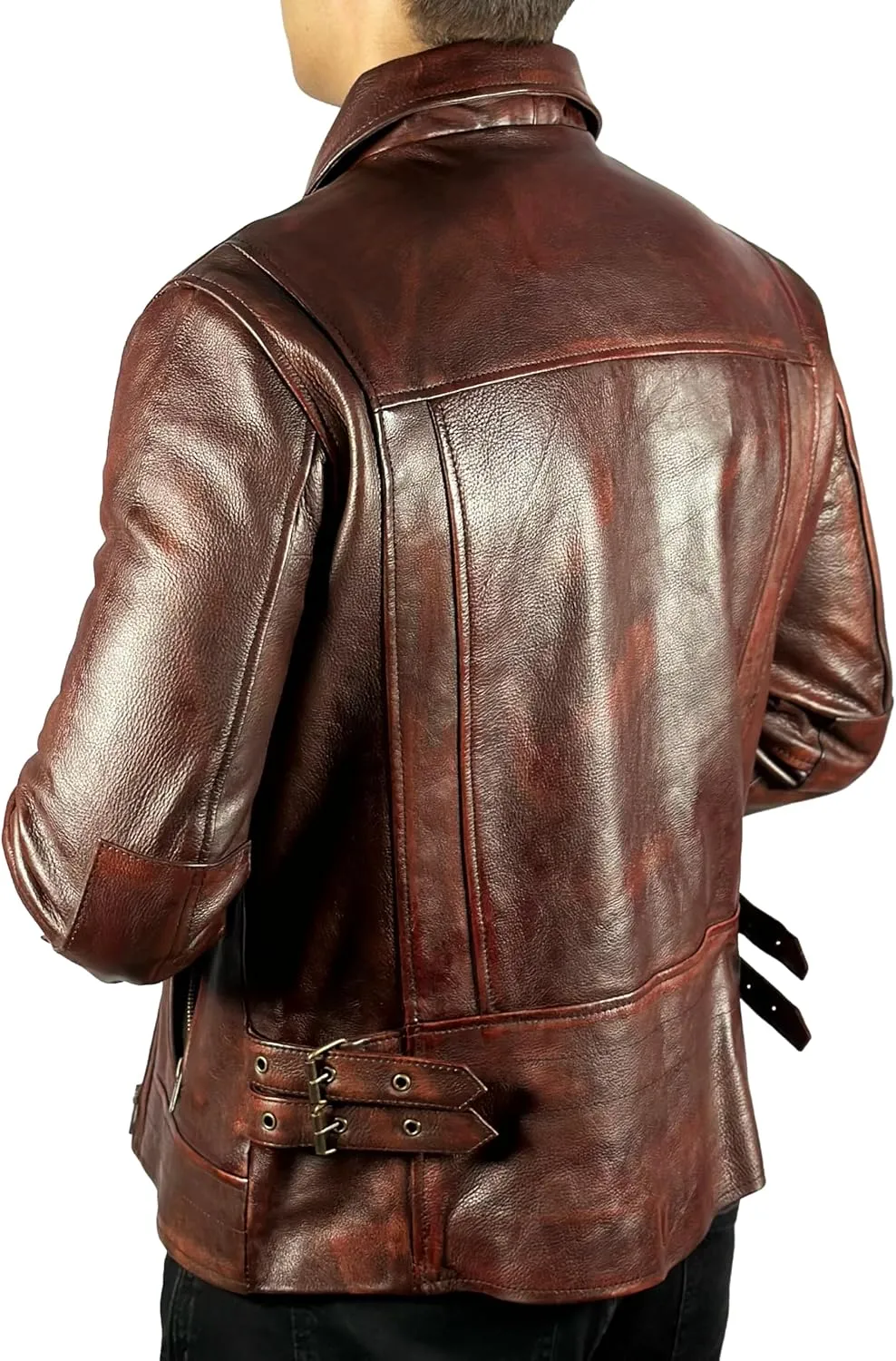 Cowhide Leather Motorcycle Jacket Men Biker Waxed Brown Classic Shirt Collar Vintage Leather Jacket For Man