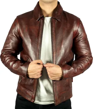 Cowhide Leather Motorcycle Jacket Men Biker Waxed Brown Classic Shirt Collar Vintage Leather Jacket For Man
