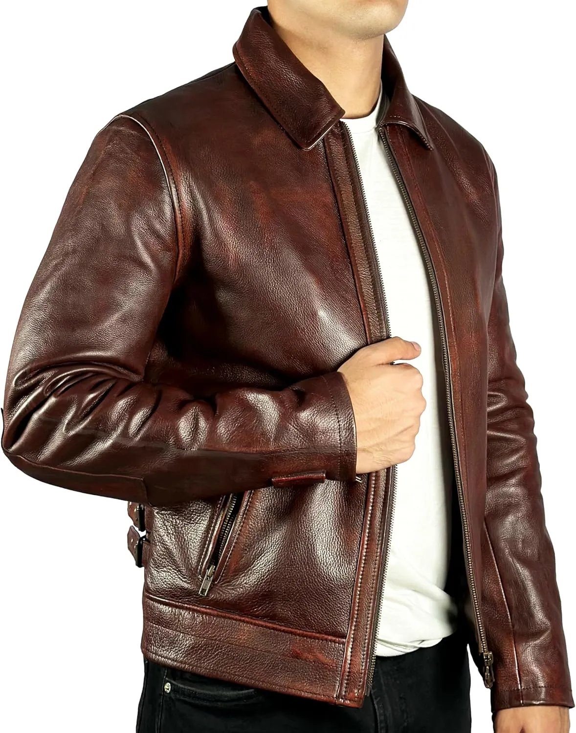 Cowhide Leather Motorcycle Jacket Men Biker Waxed Brown Classic Shirt Collar Vintage Leather Jacket For Man