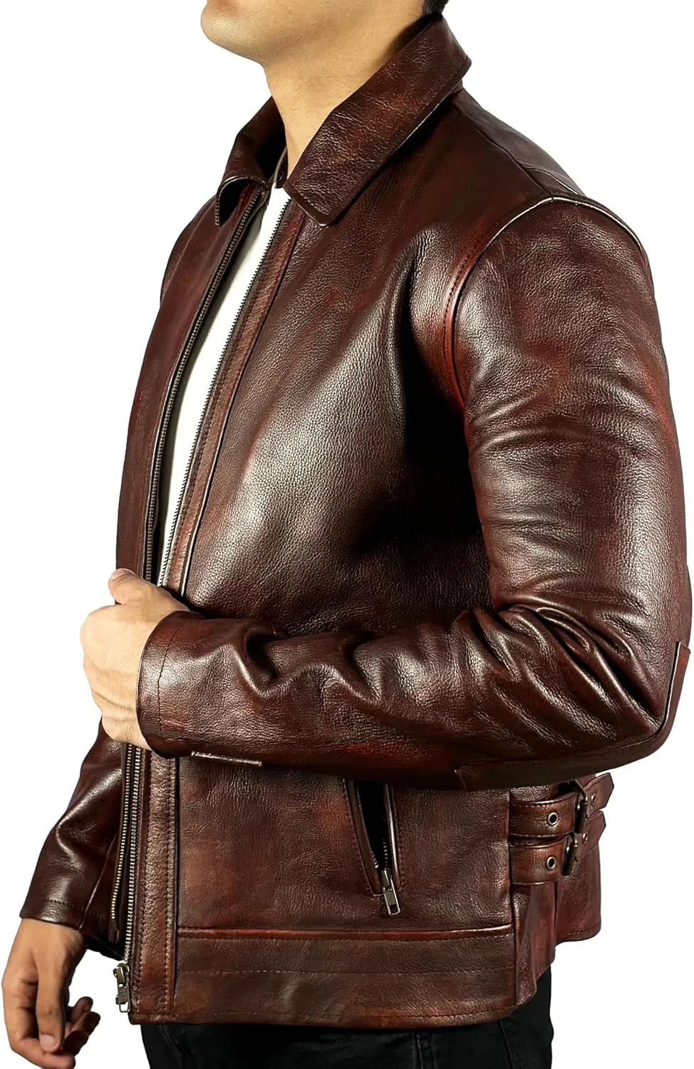 Cowhide Leather Motorcycle Jacket Men Biker Waxed Brown Classic Shirt Collar Vintage Leather Jacket For Man