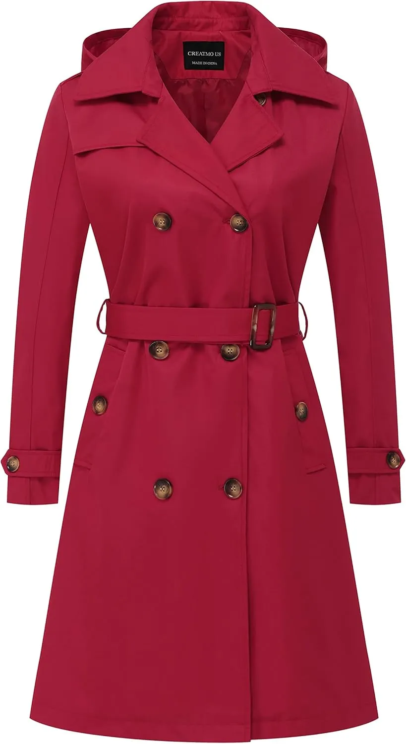 CREATMO US Women's Long Trench Coat Double-Breasted Classic Lapel Overcoat Belted Slim Outerwear Coat with Detachable Hood