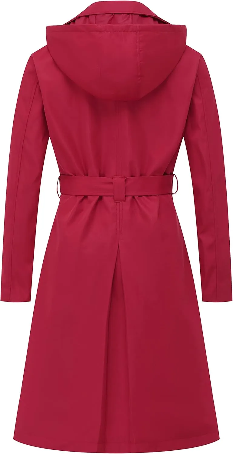CREATMO US Women's Long Trench Coat Double-Breasted Classic Lapel Overcoat Belted Slim Outerwear Coat with Detachable Hood