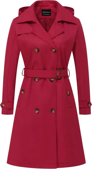 CREATMO US Women's Long Trench Coat Double-Breasted Classic Lapel Overcoat Belted Slim Outerwear Coat with Detachable Hood