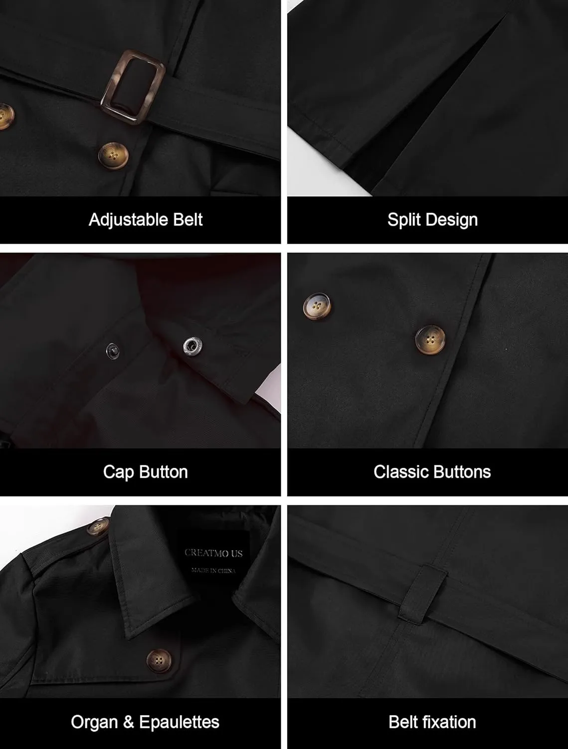 CREATMO US Women's Long Trench Coat Double-Breasted Classic Lapel Overcoat Belted Slim Outerwear Coat with Detachable Hood