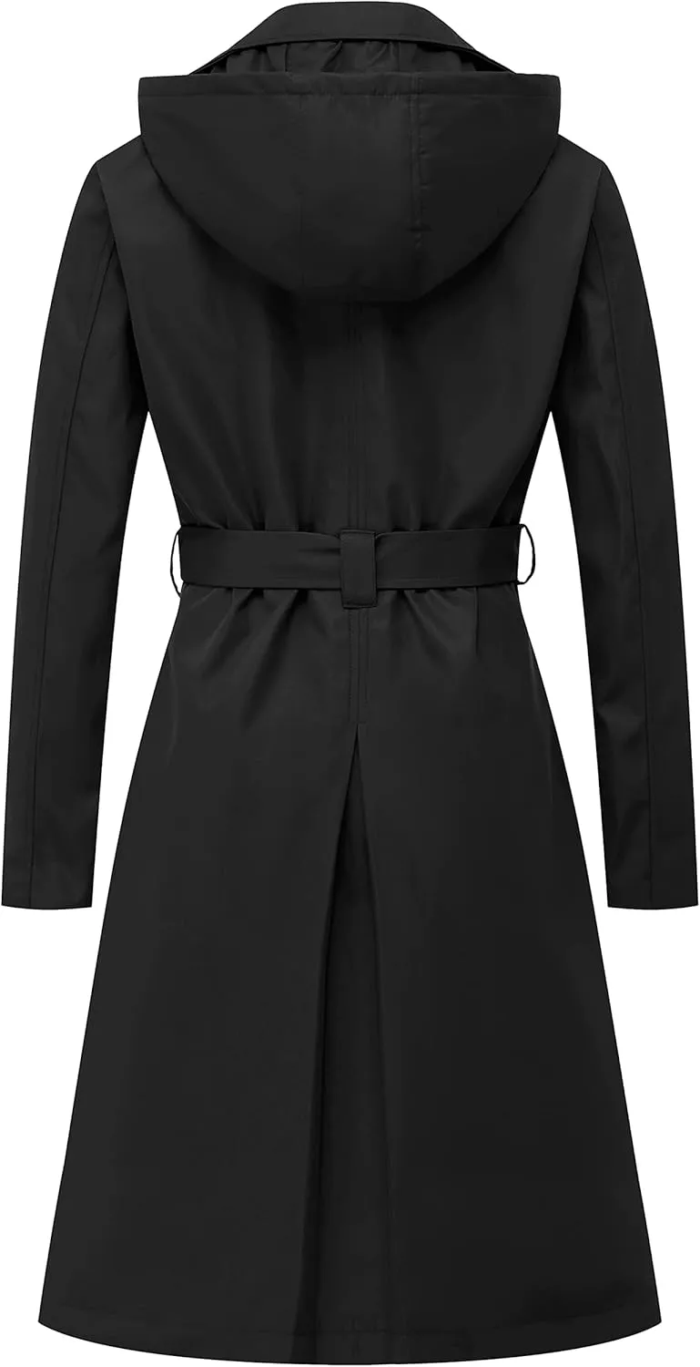 CREATMO US Women's Long Trench Coat Double-Breasted Classic Lapel Overcoat Belted Slim Outerwear Coat with Detachable Hood