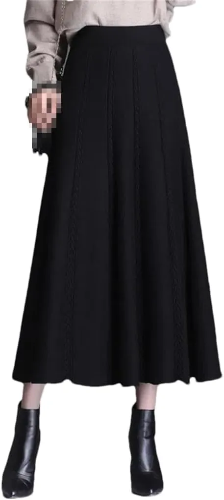 DBFBDTU Women's Knitted Skirt Elastic High Waist Solid Color Midi Skirt Office A-Line Long Skirts Female