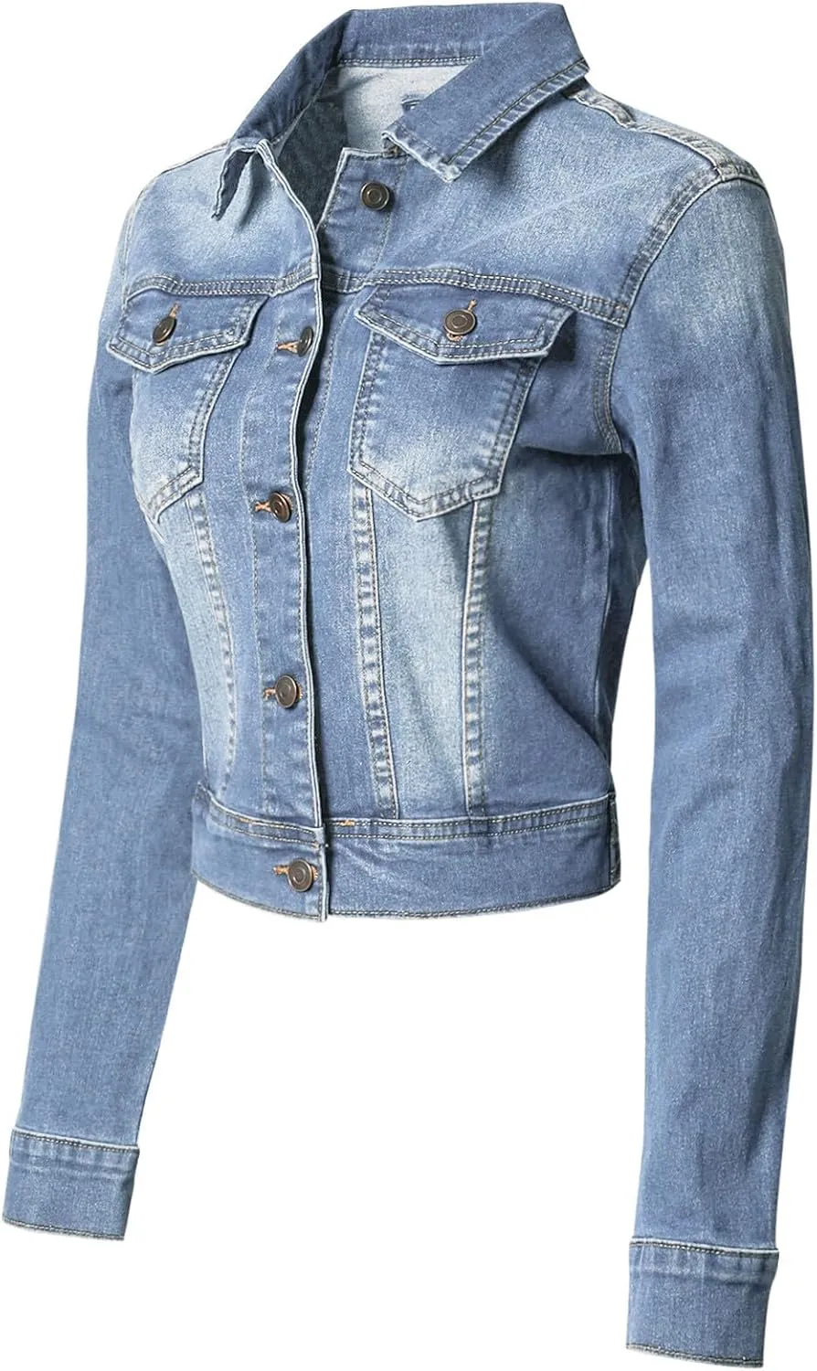 Design by Olivia Women's Classic/Destroyed Vintage Washed Long Sleeve Denim Jean Jacket
