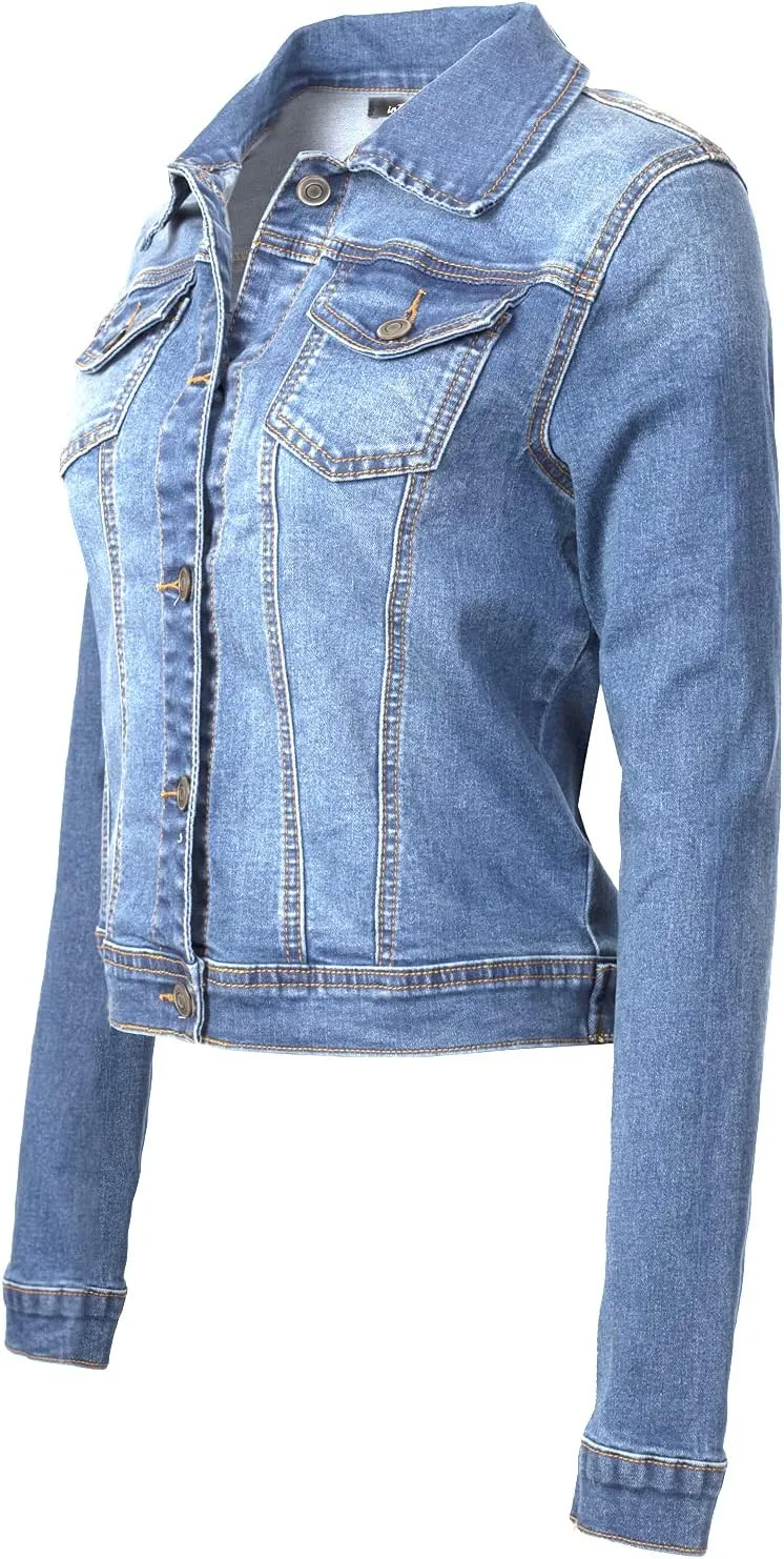 Design by Olivia Women's Classic/Destroyed Vintage Washed Long Sleeve Denim Jean Jacket